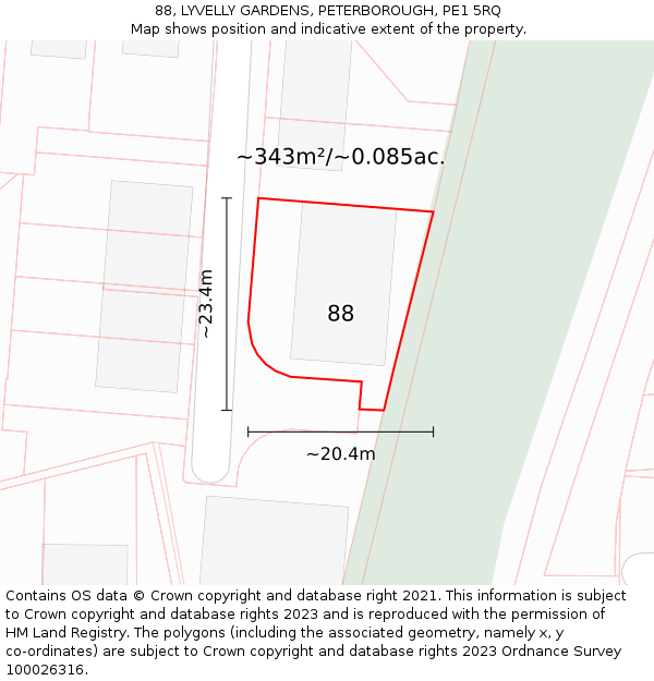 88, LYVELLY GARDENS, PETERBOROUGH, PE1 5RQ: Plot and title map