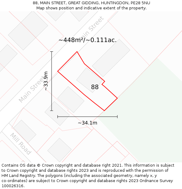 88, MAIN STREET, GREAT GIDDING, HUNTINGDON, PE28 5NU: Plot and title map