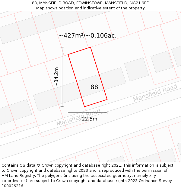 88, MANSFIELD ROAD, EDWINSTOWE, MANSFIELD, NG21 9PD: Plot and title map