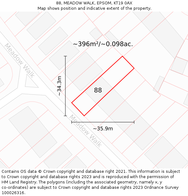 88, MEADOW WALK, EPSOM, KT19 0AX: Plot and title map