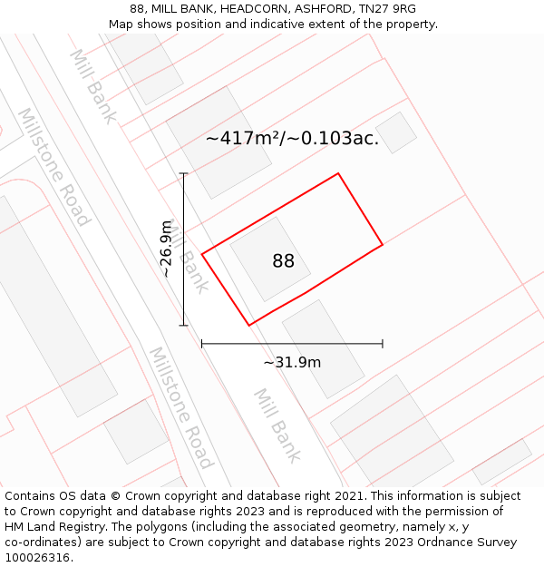 88, MILL BANK, HEADCORN, ASHFORD, TN27 9RG: Plot and title map
