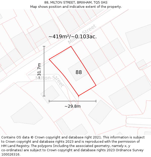 88, MILTON STREET, BRIXHAM, TQ5 0AS: Plot and title map