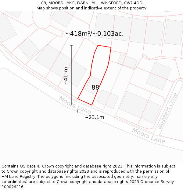 88, MOORS LANE, DARNHALL, WINSFORD, CW7 4DD: Plot and title map