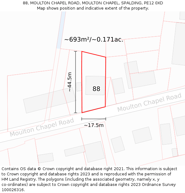 88, MOULTON CHAPEL ROAD, MOULTON CHAPEL, SPALDING, PE12 0XD: Plot and title map