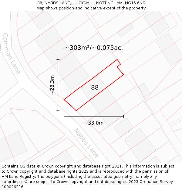 88, NABBS LANE, HUCKNALL, NOTTINGHAM, NG15 6NS: Plot and title map