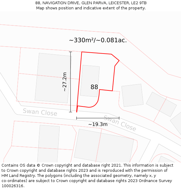 88, NAVIGATION DRIVE, GLEN PARVA, LEICESTER, LE2 9TB: Plot and title map