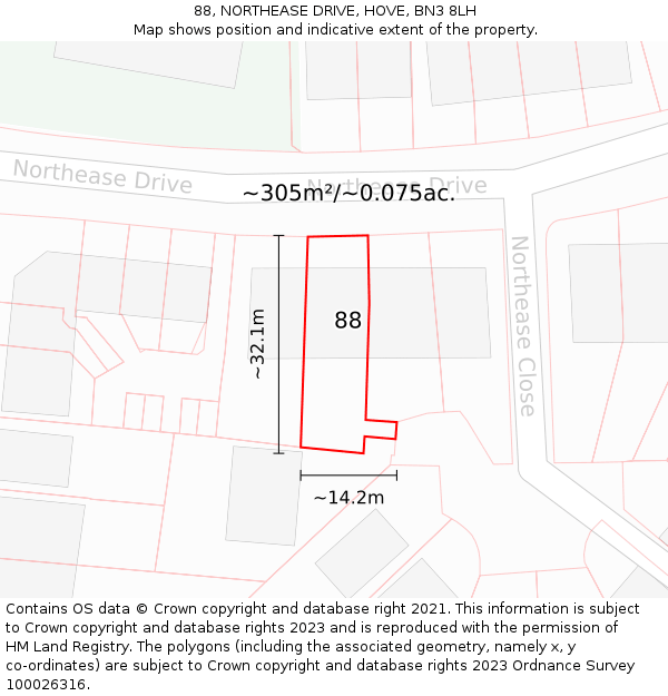 88, NORTHEASE DRIVE, HOVE, BN3 8LH: Plot and title map