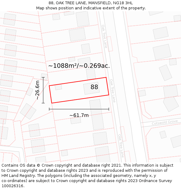 88, OAK TREE LANE, MANSFIELD, NG18 3HL: Plot and title map