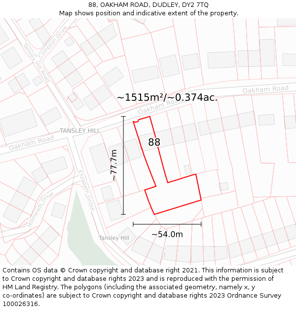 88, OAKHAM ROAD, DUDLEY, DY2 7TQ: Plot and title map