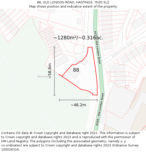 88, OLD LONDON ROAD, HASTINGS, TN35 5LZ: Plot and title map