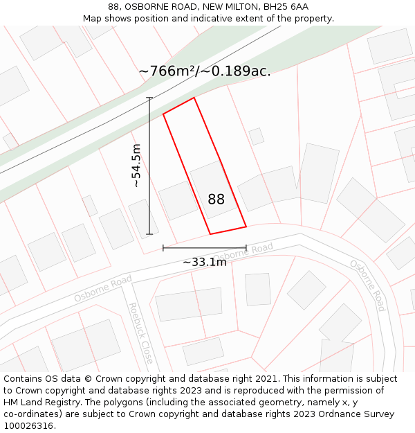 88, OSBORNE ROAD, NEW MILTON, BH25 6AA: Plot and title map
