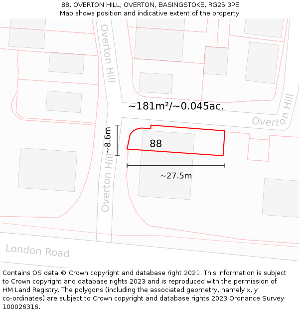 88, OVERTON HILL, OVERTON, BASINGSTOKE, RG25 3PE: Plot and title map