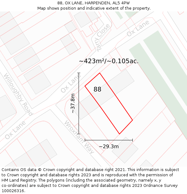 88, OX LANE, HARPENDEN, AL5 4PW: Plot and title map