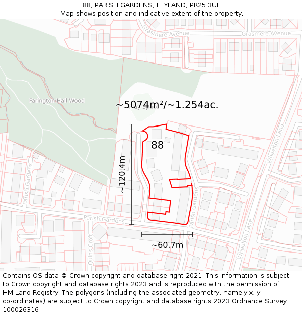 88, PARISH GARDENS, LEYLAND, PR25 3UF: Plot and title map