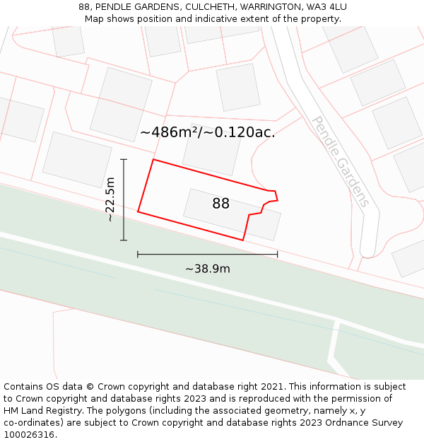 88, PENDLE GARDENS, CULCHETH, WARRINGTON, WA3 4LU: Plot and title map