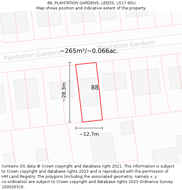 88, PLANTATION GARDENS, LEEDS, LS17 8SU: Plot and title map