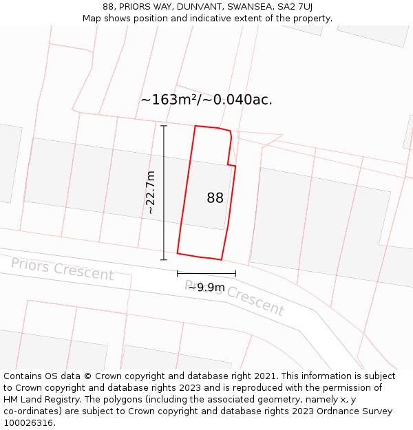 88, PRIORS WAY, DUNVANT, SWANSEA, SA2 7UJ: Plot and title map