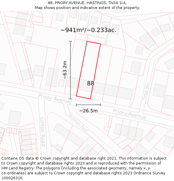 88, PRIORY AVENUE, HASTINGS, TN34 1UL: Plot and title map