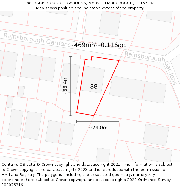 88, RAINSBOROUGH GARDENS, MARKET HARBOROUGH, LE16 9LW: Plot and title map