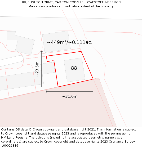 88, RUSHTON DRIVE, CARLTON COLVILLE, LOWESTOFT, NR33 8GB: Plot and title map