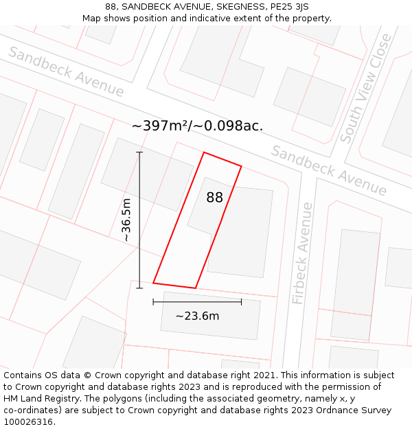 88, SANDBECK AVENUE, SKEGNESS, PE25 3JS: Plot and title map