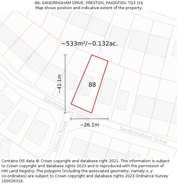 88, SANDRINGHAM DRIVE, PRESTON, PAIGNTON, TQ3 1HJ: Plot and title map
