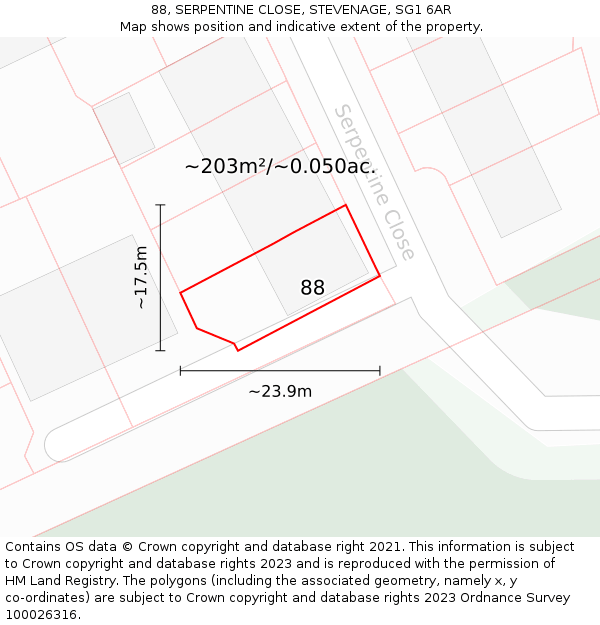 88, SERPENTINE CLOSE, STEVENAGE, SG1 6AR: Plot and title map