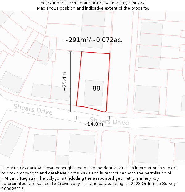 88, SHEARS DRIVE, AMESBURY, SALISBURY, SP4 7XY: Plot and title map