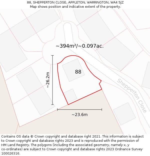 88, SHEPPERTON CLOSE, APPLETON, WARRINGTON, WA4 5JZ: Plot and title map