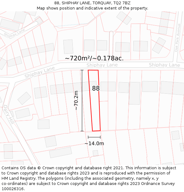 88, SHIPHAY LANE, TORQUAY, TQ2 7BZ: Plot and title map
