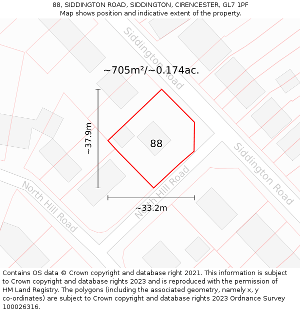 88, SIDDINGTON ROAD, SIDDINGTON, CIRENCESTER, GL7 1PF: Plot and title map