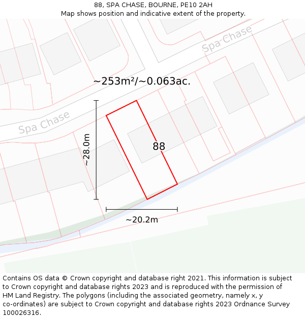 88, SPA CHASE, BOURNE, PE10 2AH: Plot and title map