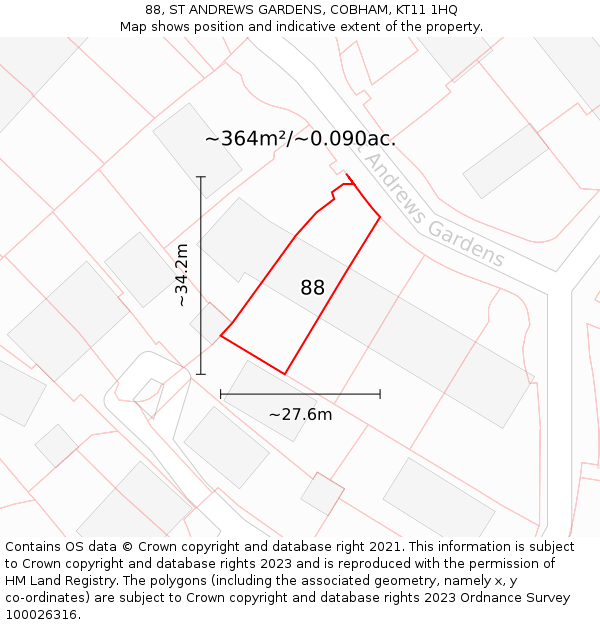 88, ST ANDREWS GARDENS, COBHAM, KT11 1HQ: Plot and title map
