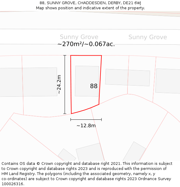 88, SUNNY GROVE, CHADDESDEN, DERBY, DE21 6WJ: Plot and title map