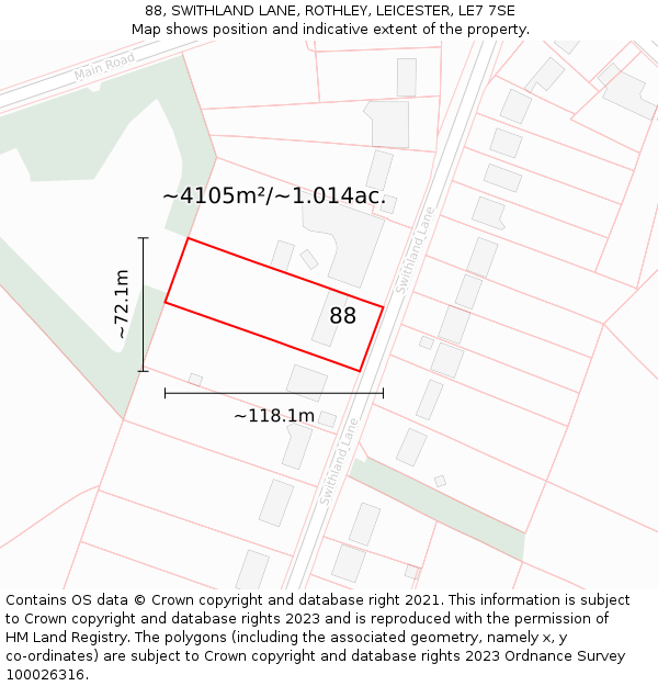 88, SWITHLAND LANE, ROTHLEY, LEICESTER, LE7 7SE: Plot and title map