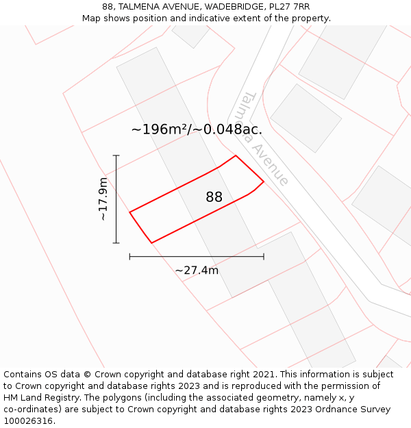 88, TALMENA AVENUE, WADEBRIDGE, PL27 7RR: Plot and title map