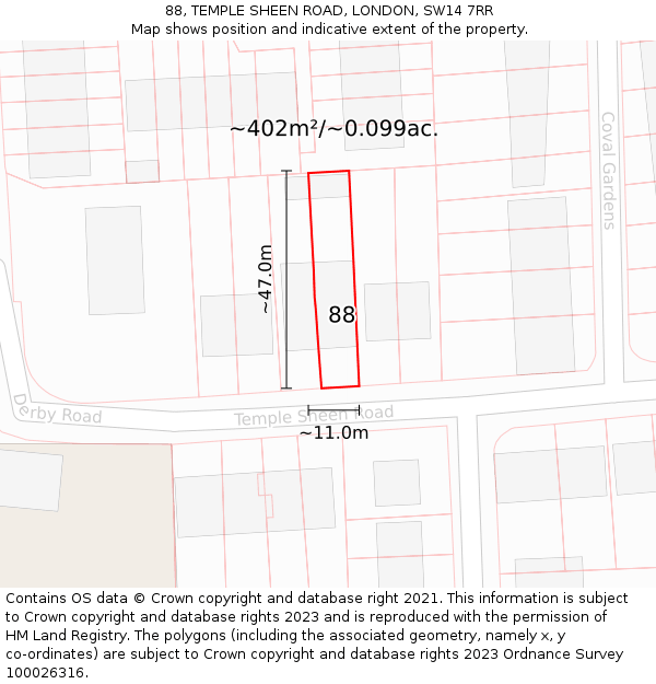 88, TEMPLE SHEEN ROAD, LONDON, SW14 7RR: Plot and title map