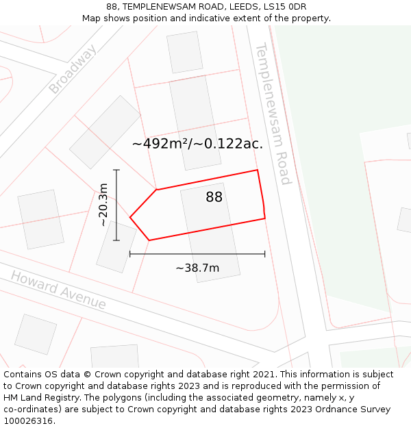 88, TEMPLENEWSAM ROAD, LEEDS, LS15 0DR: Plot and title map