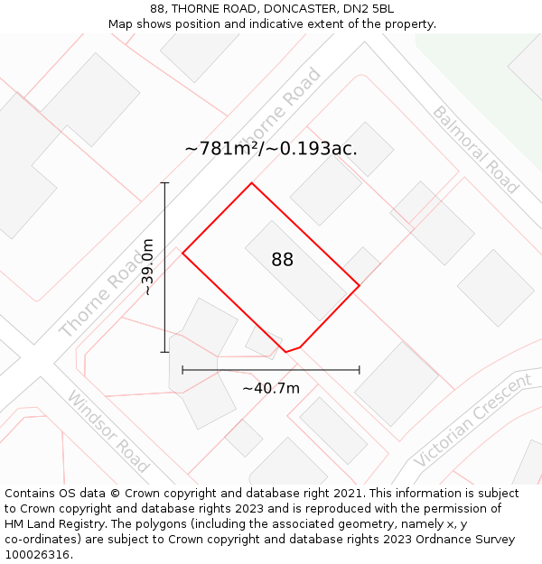 88, THORNE ROAD, DONCASTER, DN2 5BL: Plot and title map