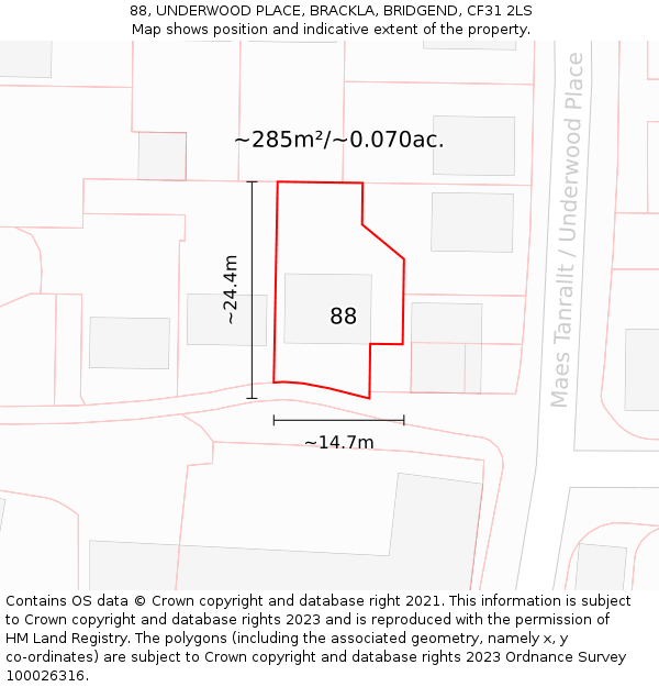 88, UNDERWOOD PLACE, BRACKLA, BRIDGEND, CF31 2LS: Plot and title map