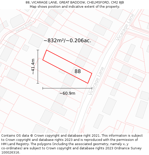 88, VICARAGE LANE, GREAT BADDOW, CHELMSFORD, CM2 8JB: Plot and title map