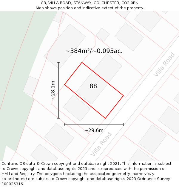 88, VILLA ROAD, STANWAY, COLCHESTER, CO3 0RN: Plot and title map