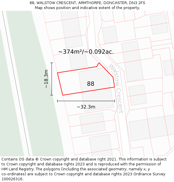 88, WALSTOW CRESCENT, ARMTHORPE, DONCASTER, DN3 2FS: Plot and title map