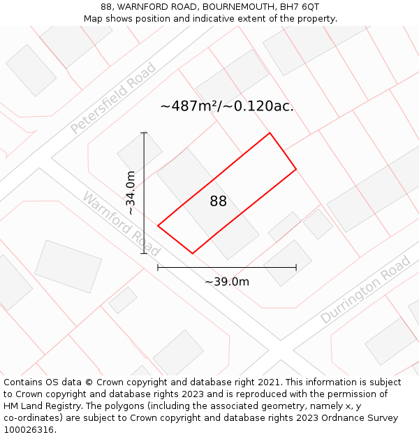 88, WARNFORD ROAD, BOURNEMOUTH, BH7 6QT: Plot and title map