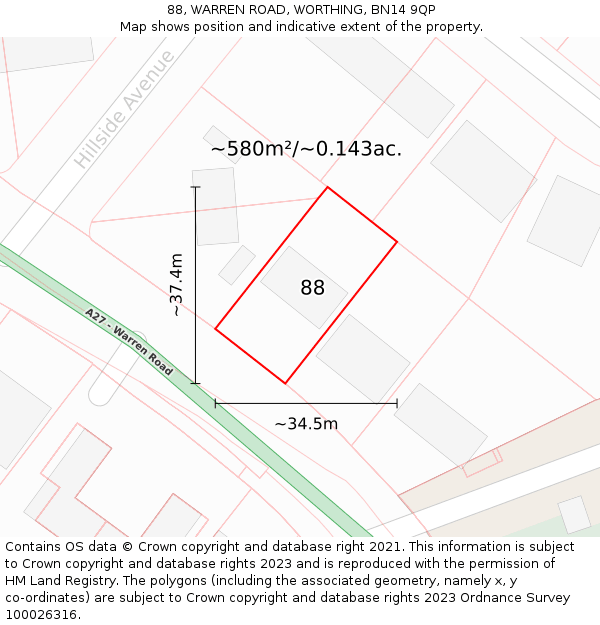 88, WARREN ROAD, WORTHING, BN14 9QP: Plot and title map