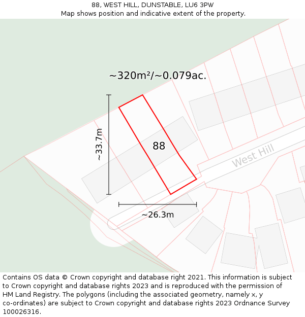 88, WEST HILL, DUNSTABLE, LU6 3PW: Plot and title map