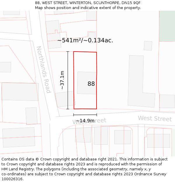 88, WEST STREET, WINTERTON, SCUNTHORPE, DN15 9QF: Plot and title map