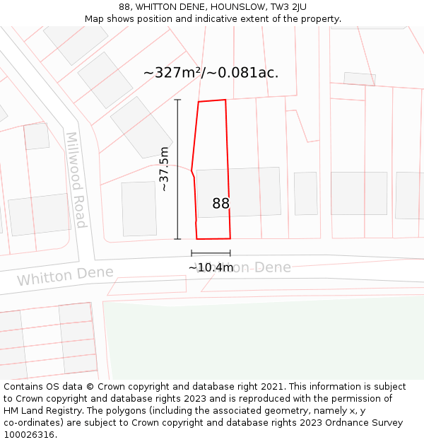 88, WHITTON DENE, HOUNSLOW, TW3 2JU: Plot and title map