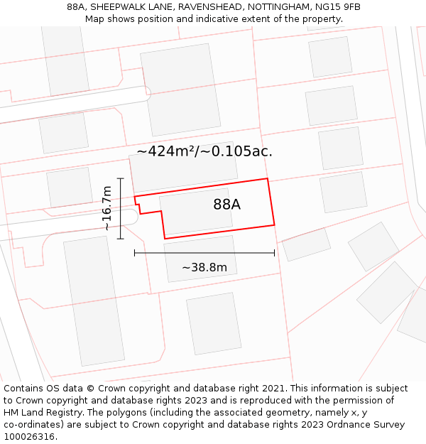 88A, SHEEPWALK LANE, RAVENSHEAD, NOTTINGHAM, NG15 9FB: Plot and title map
