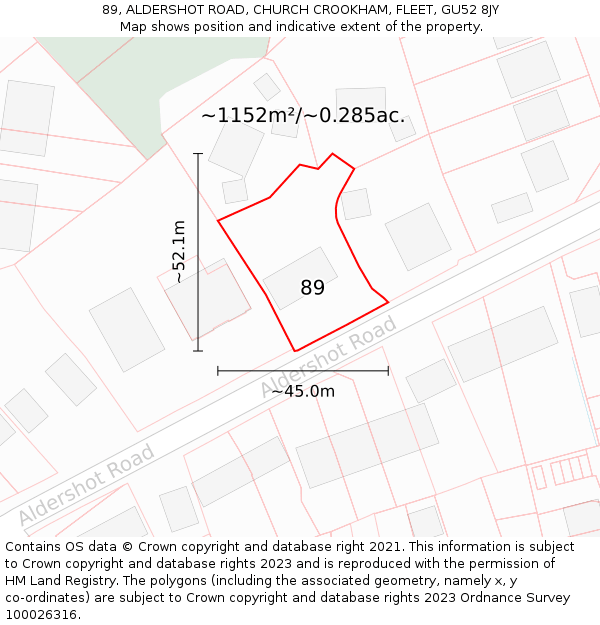 89, ALDERSHOT ROAD, CHURCH CROOKHAM, FLEET, GU52 8JY: Plot and title map